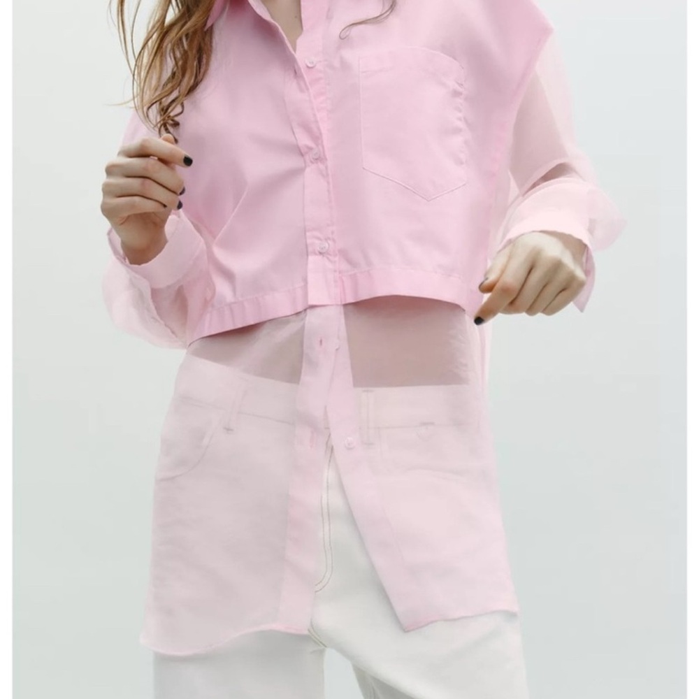 Zara Pink Sheer Button Down womens Shirt - Picture 2 of 7